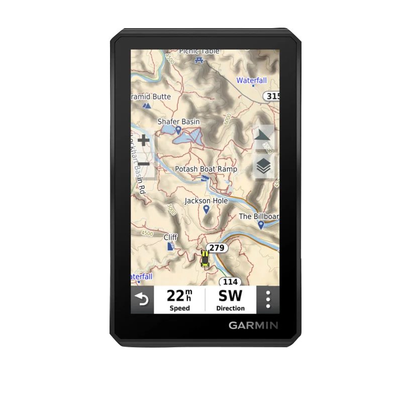 Garmin Tread Base Edition GPS navigation system, refurbished, black bezel displaying map.