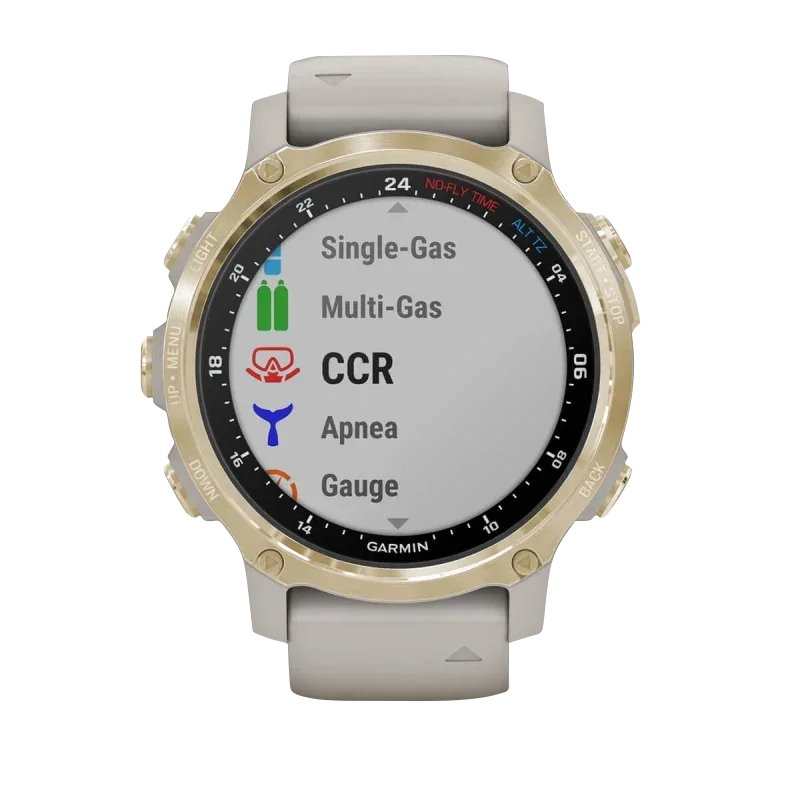 Garmin Descent Mk2S dive computer with light gold bezel and light sand silicone band, certified refurbished.