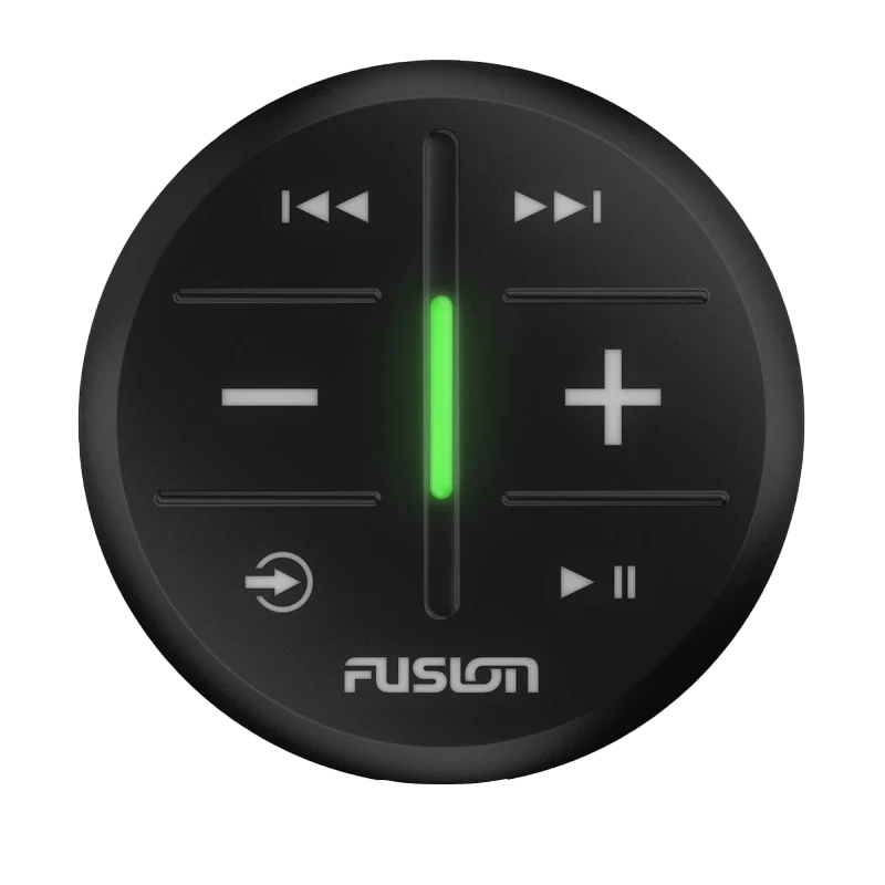 Fusion round black audio control knob with green LED indicator and play/pause/volume symbols.