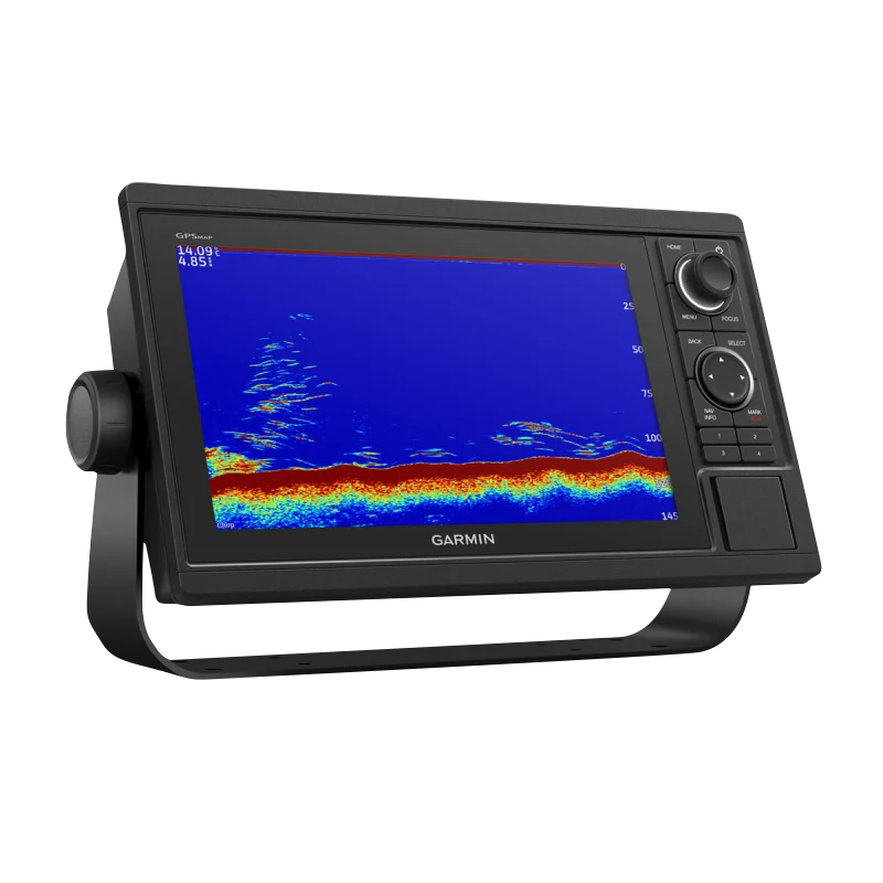 Garmin GPSMAP 1022xsv marine chartplotter without transducer on black mounting bracket
