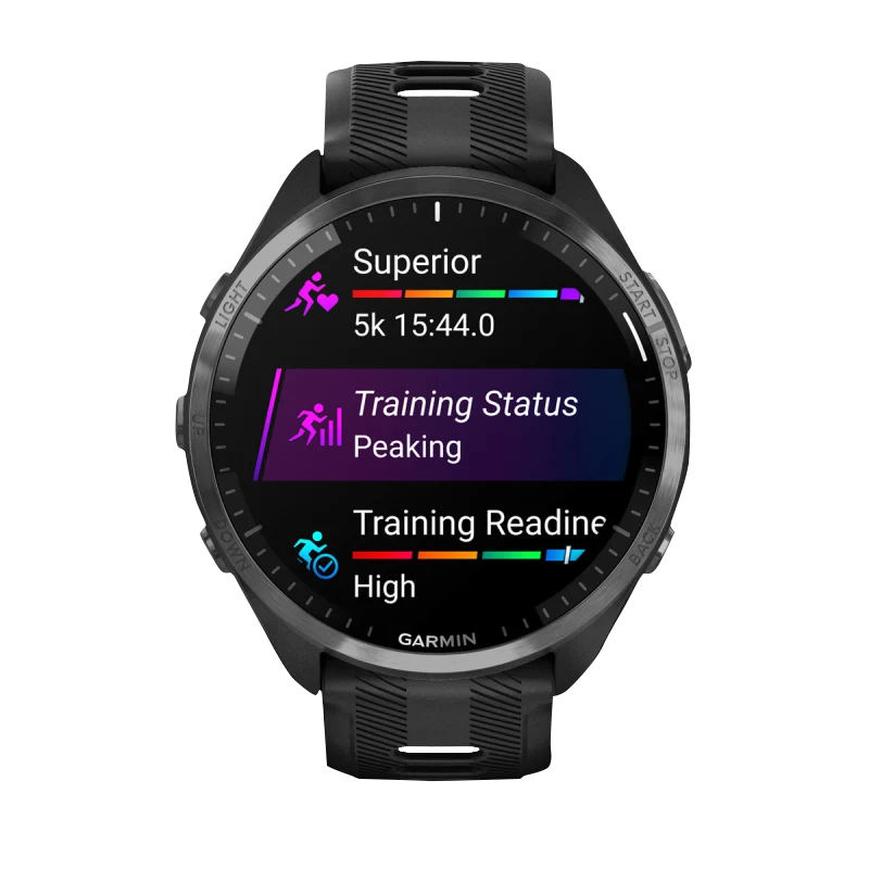 Garmin Forerunner 965 smartwatch with black case, carbon gray DLC titanium bezel and black/powder gray silicone band