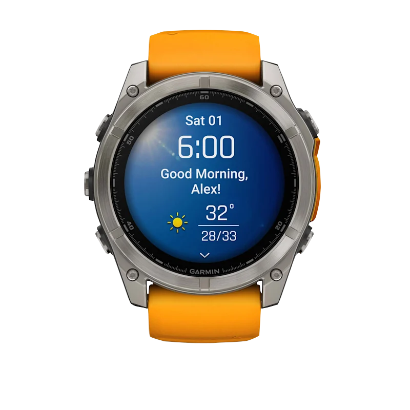Garmin Fenix 8 smartwatch, titanium case with Spark Orange silicone band, 51mm AMOLED Sapphire display