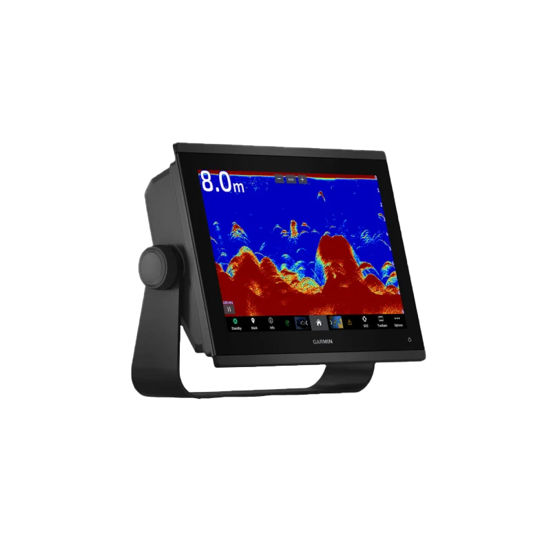 Garmin GPSMAP 1223xsv marine chartplotter with color sonar display on a black stand
