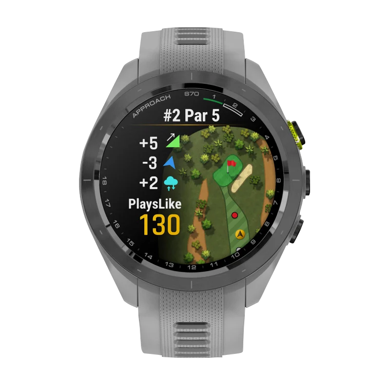 Garmin Approach S70 smartwatch, 42 mm with black/amp yellow ceramic bezel and powder gray silicone band