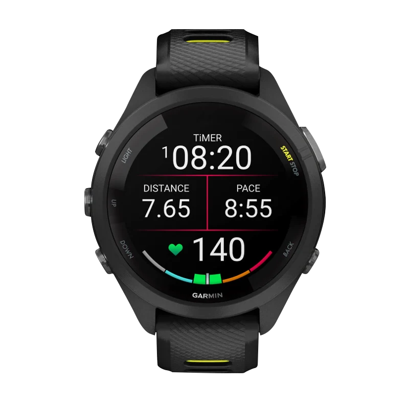 Garmin Forerunner 265S smartwatch, 42mm black bezel with black/yellow band, certified refurbished.