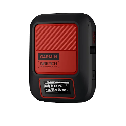 Garmin InReach Messenger Plus satellite communicator with photo and voice messaging, black rugged case with red front panel