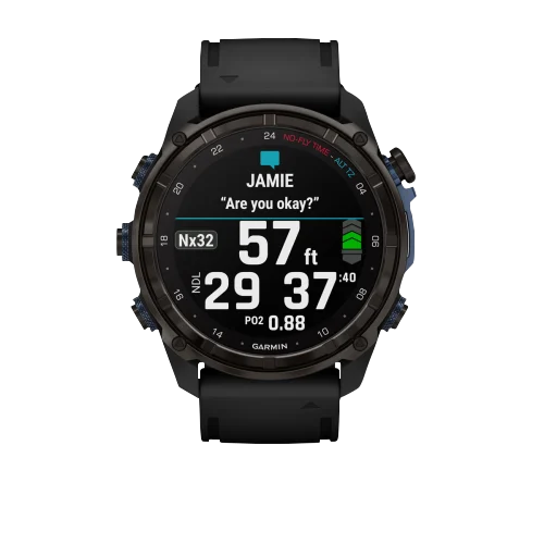 Garmin Descent Mk3i dive computer watch with carbon gray DLC titanium bezel and black silicone band.