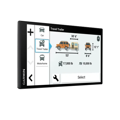 Garmin RV 795 7-inch RV Navigator GPS with travel trailer routing on a touchscreen