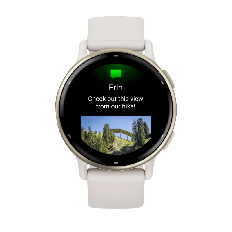 Garmin Vivoactive 5 smartwatch with cream-gold aluminum bezel and ivory silicone band