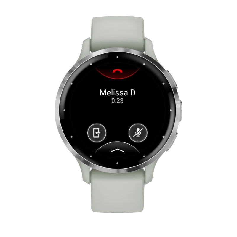 Garmin Venu 3S smartwatch, 41 mm, with silver stainless steel bezel and sage gray silicone band.
