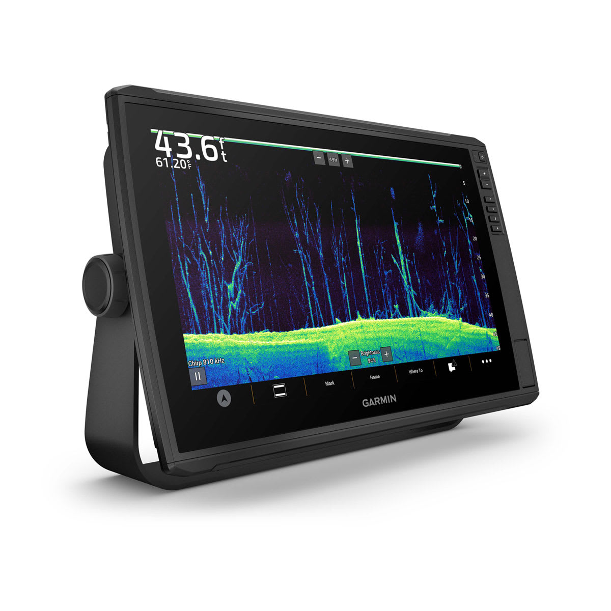 Garmin ECHOMAP Ultra 2 16-inch chartplotter on stand; black marine GPS display