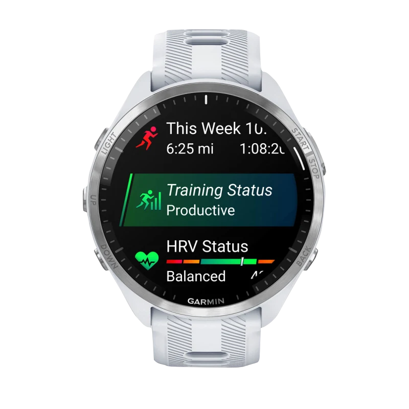 Garmin Forerunner 965 smartwatch with titanium bezel and Whitestone case, Whitestone/Powder Gray silicone band