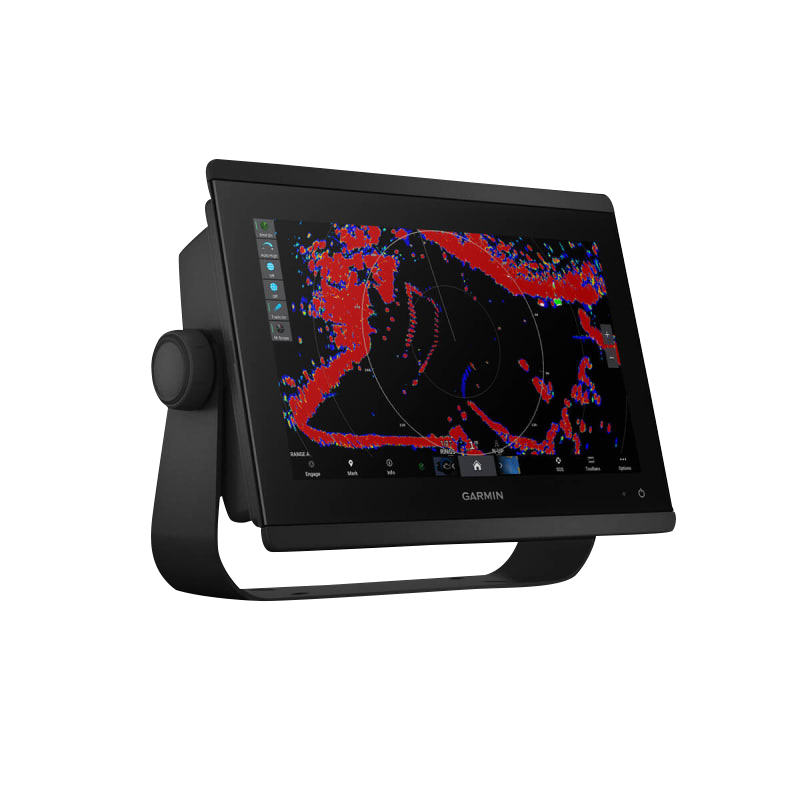Garmin GPSMAP 8612 marine chartplotter with mapping, black display on a mounting stand