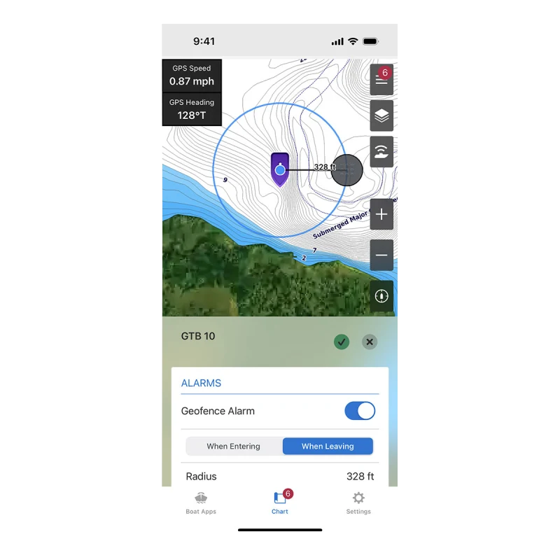 Garmin OnDeck Hub (010-02134-00) marine chartplotter app UI on smartphone showing depth contours and geofence alarm
