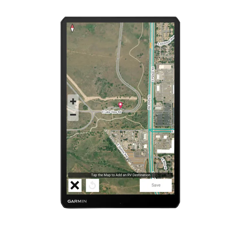 Garmin RV 1095 10-inch black RV navigator displaying map
