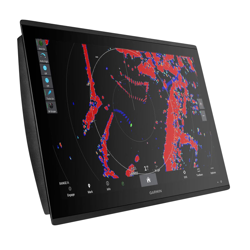 Garmin GPSMAP 8624 marine chartplotter display, black bezel showing radar/chart data