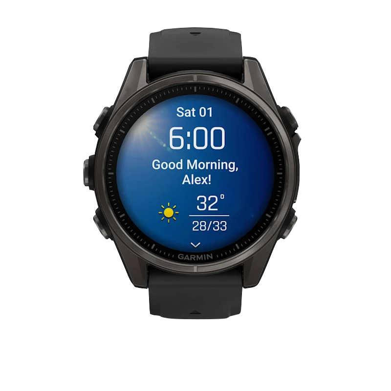 Garmin Fenix 8 smartwatch with AMOLED 43mm display, carbon gray DLC titanium bezel, black/pebble gray silicone band