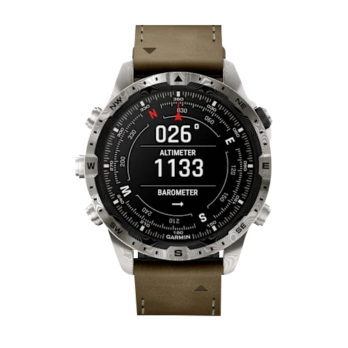 Garmin MARQ Adventurer (Gen 2) Damascus Steel Edition Modern Tool Watch with stainless steel case and brown leather strap