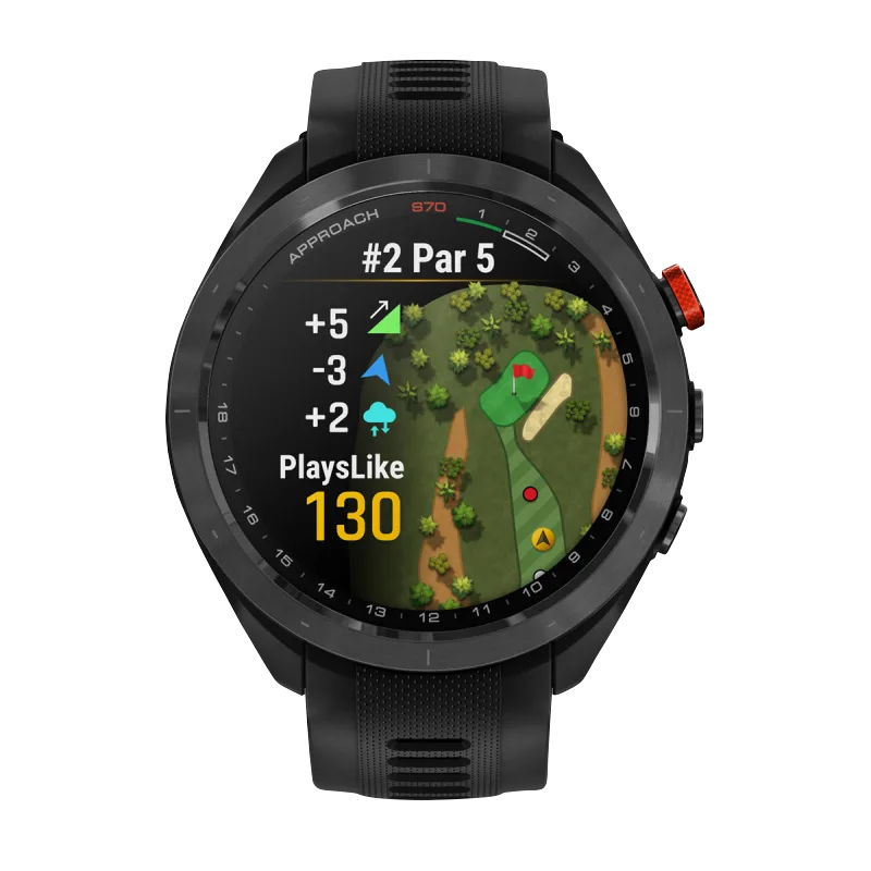 Garmin Approach S70 smart watch with black/red ceramic bezel and black silicone band