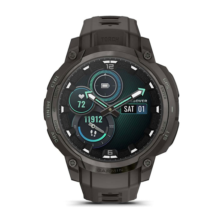 Garmin Instinct Crossover AMOLED smartwatch with rugged dark bezel and black silicone strap.