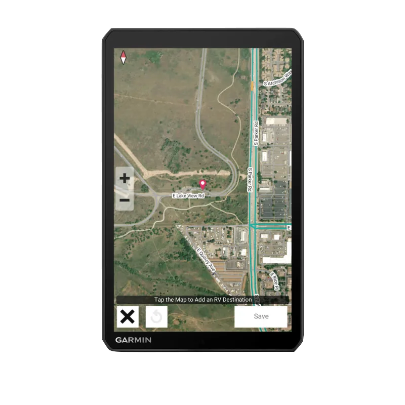 Garmin RV 895 8-inch GPS navigator, black refurbished unit displaying a detailed map view.