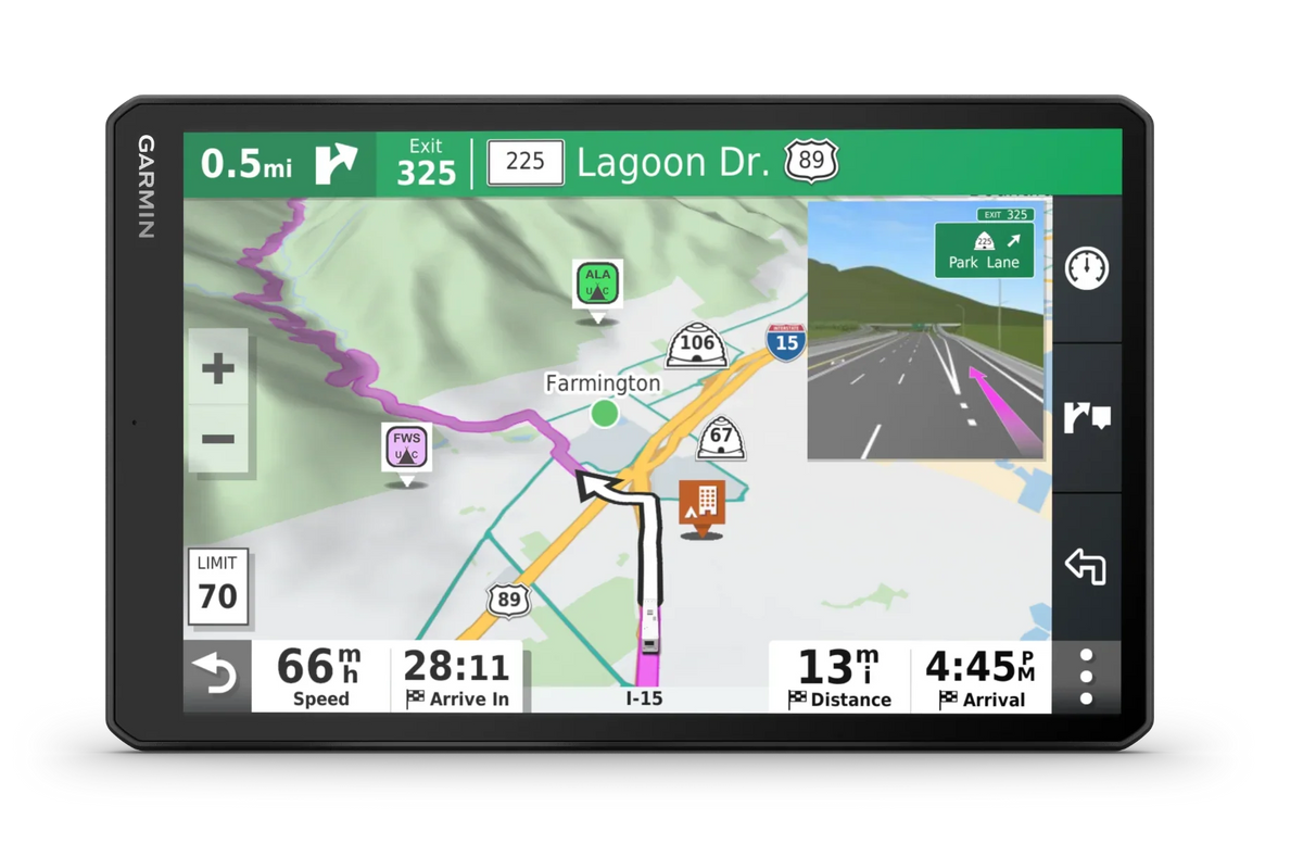 Garmin RV 1090 GPS navigation system, black device with map display and green guidance banner