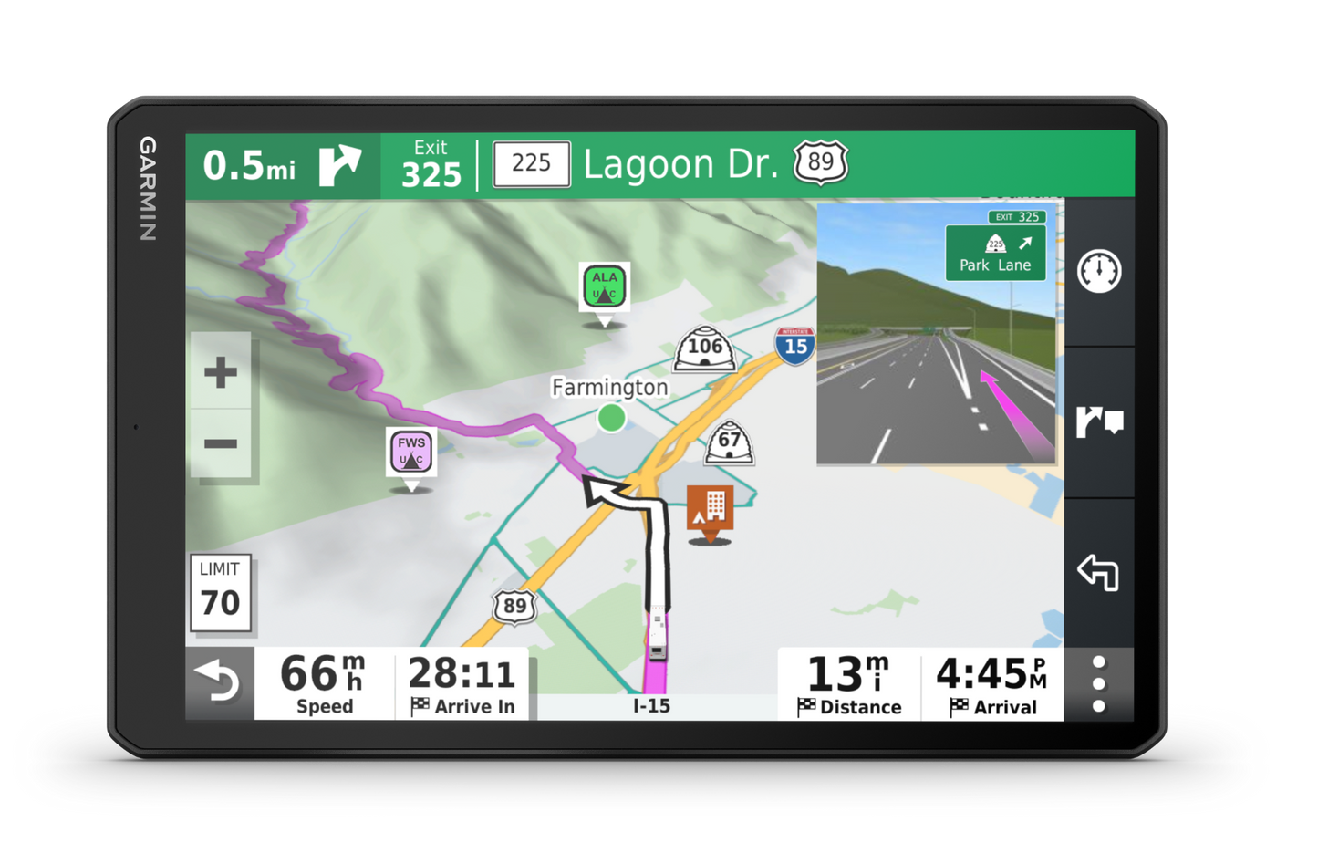 Garmin RV 1090 10-inch refurbished RV GPS navigation device, black with Garmin logo, displaying map route.