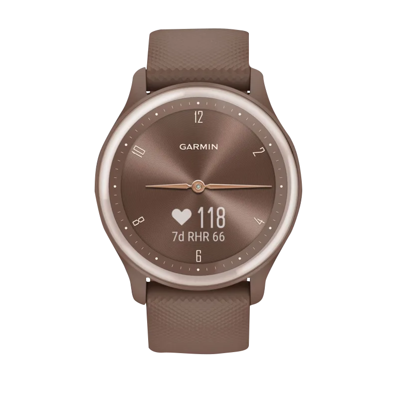 Garmin Vívomove Sport Cocoa smartwatch with peach-gold accents, Certified Refurbished