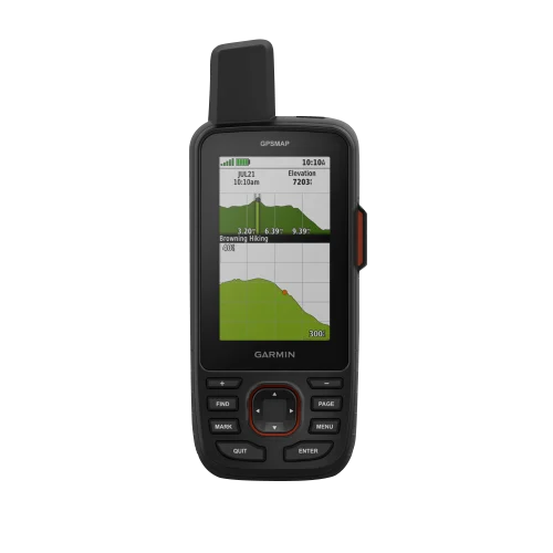 Garmin GPSMAP 67 handheld GPS device with black rugged case and orange side button