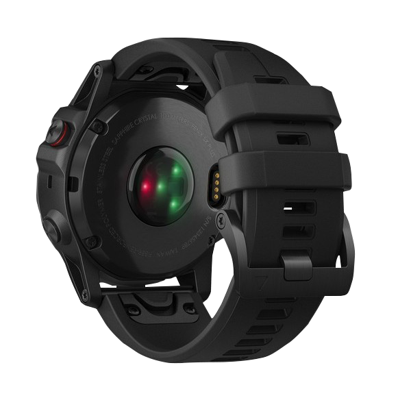Garmin Fenix 5X Plus Sapphire smartwatch with black band; back view shows optical heart-rate sensor.