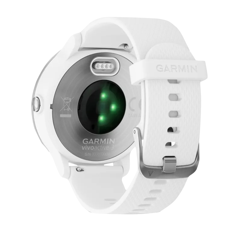 Garmin Vivoactive 3 smartwatch, white silicone band with stainless steel back, refurbished