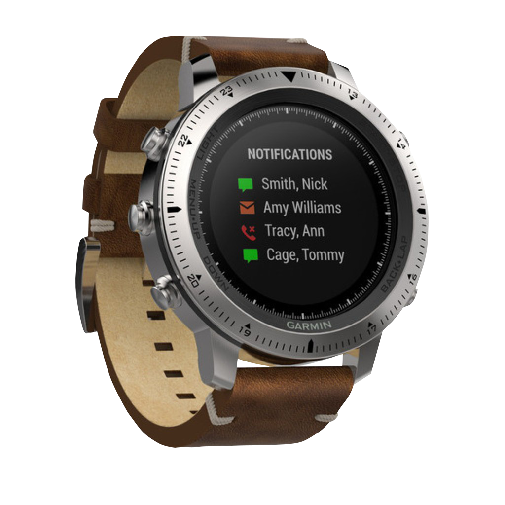 Garmin Fenix Chronos smartwatch with brown leather band and stainless-steel bezel