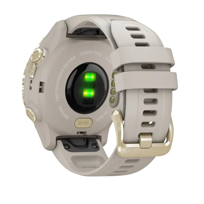 Garmin Descent Mk2S dive computer with light gold case and light sand silicone band, certified refurbished