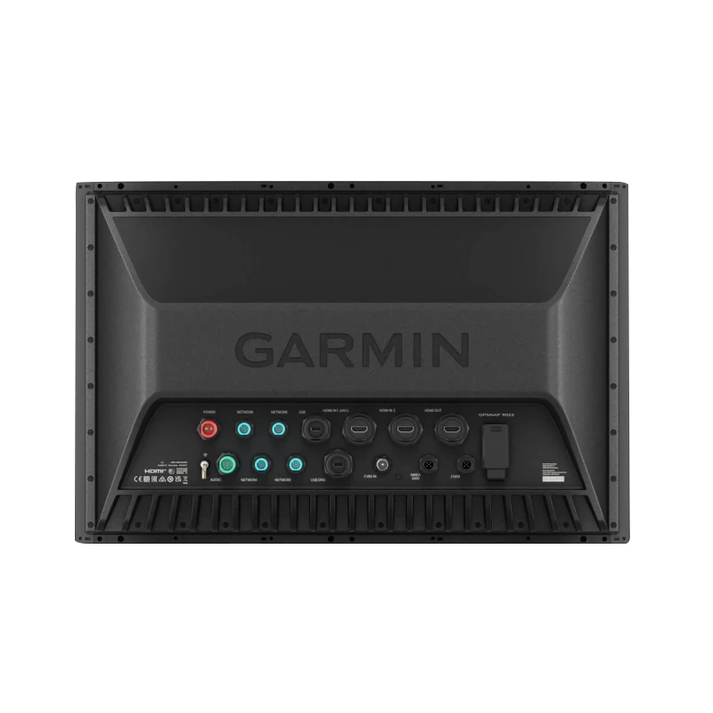 Garmin GPSMAP 9222 Premium chartplotter back panel with ports and Garmin logo