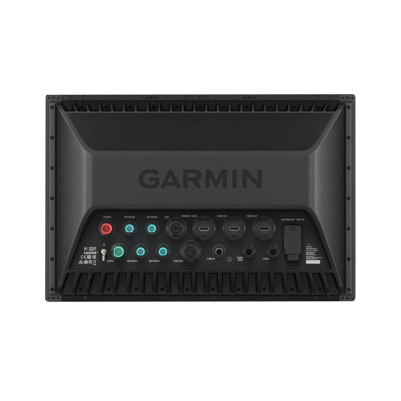 Garmin GPSMAP 9019 marine chartplotter back panel, black body with multicolored ports
