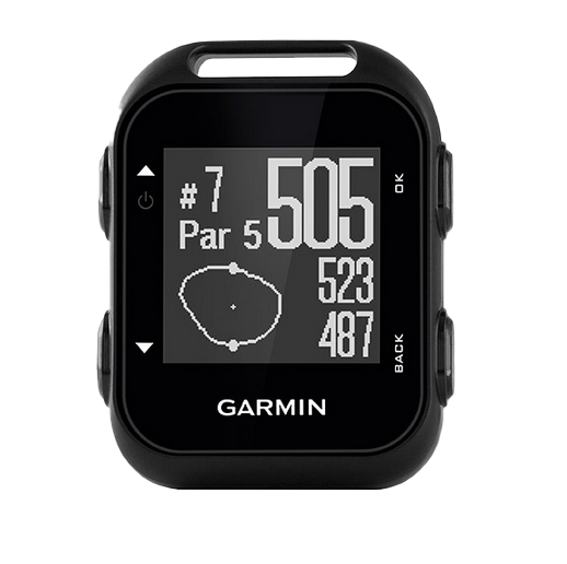 Garmin Approach G10 golf GPS device, black handheld with screen displaying yardages