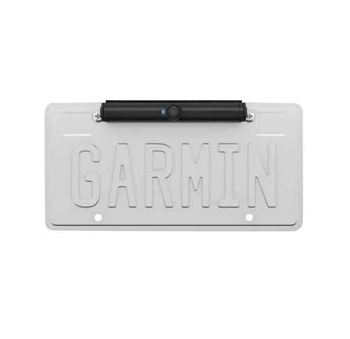 Garmin BC 40 wireless backup camera on a white license plate, refurbished