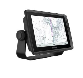 Garmin ECHOMAP Ultra 102sv marine chartplotter on a black mounting bracket, screen displaying nautical chart