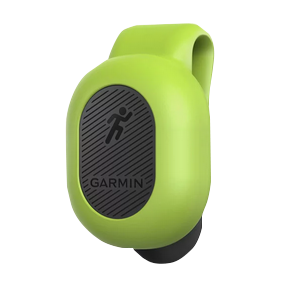 Garmin Running Dynamics Pod lime-green clip-on fitness sensor with black front panel.