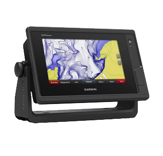 Garmin GPSMAP 742 marine chartplotter on mounting bracket, black unit with map display