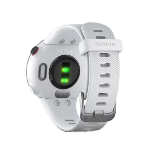 Garmin Forerunner 45S white smartwatch back view with green heart-rate sensor lights