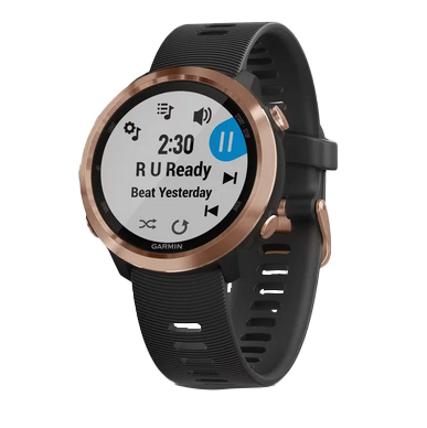 Garmin Forerunner 645 Music smartwatch, rose-gold bezel with black silicone band.