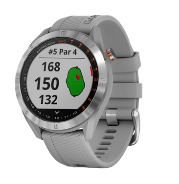 Garmin Approach S40 golf GPS smartwatch with stainless steel bezel and gray band.