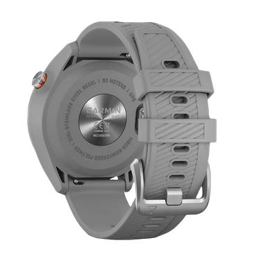 Garmin Approach S40 golf GPS smartwatch with stainless steel case and gray band, back view