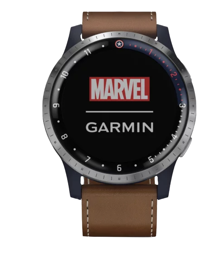 Garmin First Avenger Legacy smartwatch with brown leather strap and Marvel display