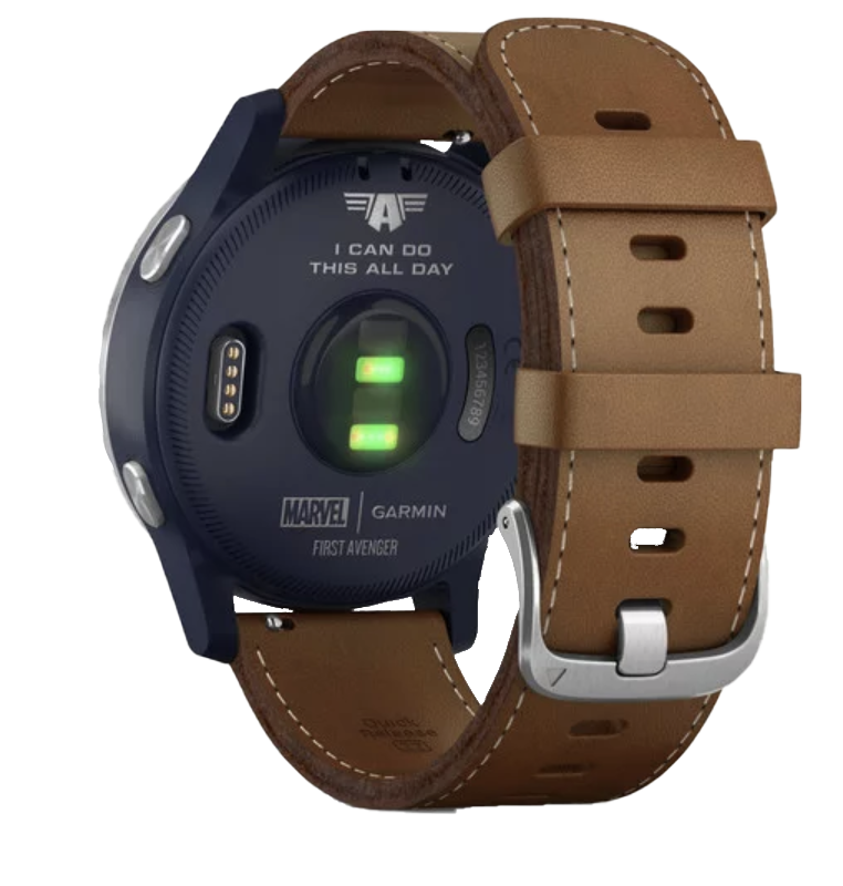 Garmin First Avenger Legacy smartwatch with brown leather strap, Marvel edition