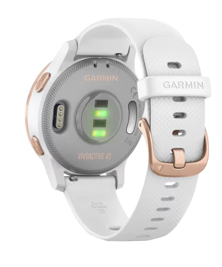 Garmin Vivoactive 4S smartwatch in rose gold with white band, back view showing green optical heart-rate sensor (010-02172-21)