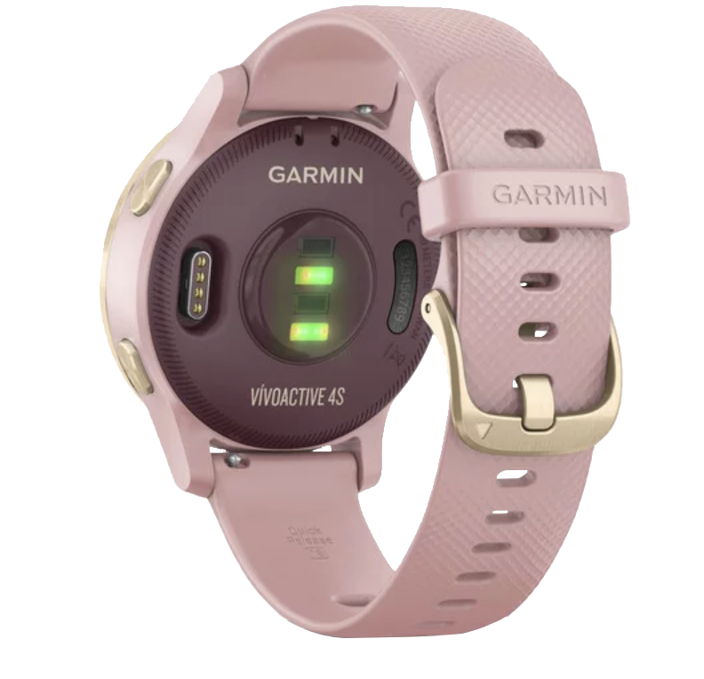 Garmin Vivoactive 4S smartwatch in light gold with Dust Rose band and gold buckle