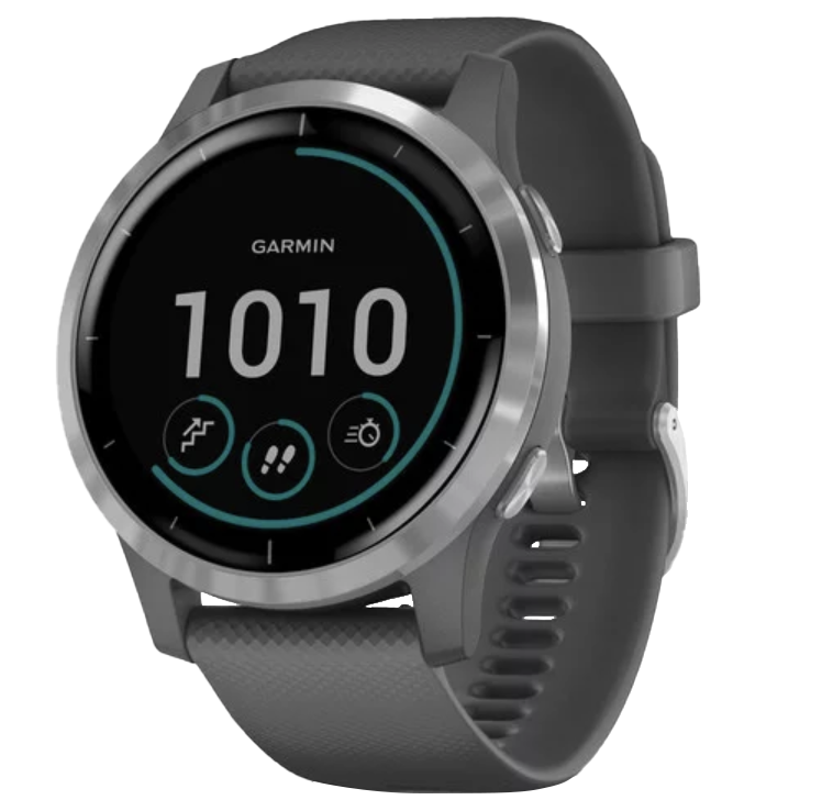 Garmin Vivoactive 4 smartwatch with silver bezel and shadow gray band