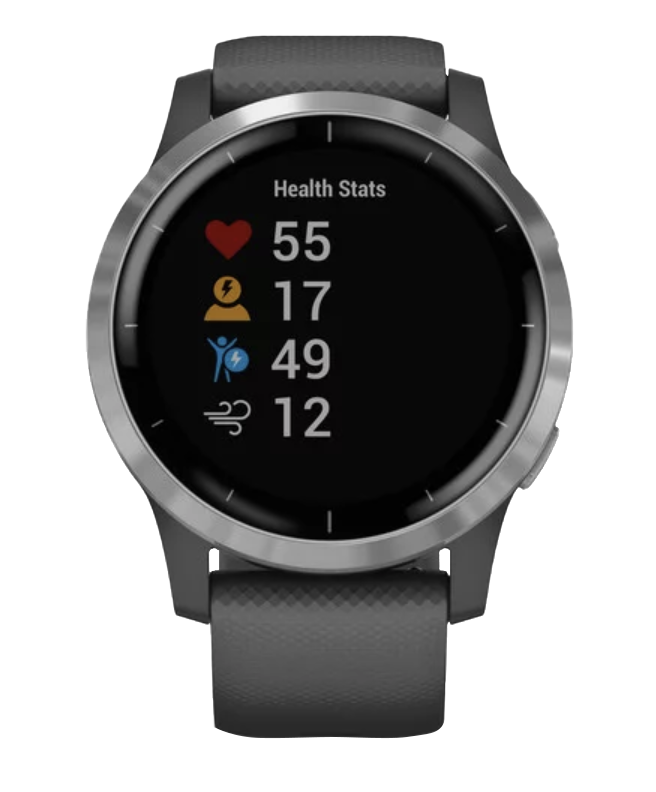 Garmin Vivoactive 4 smartwatch with silver case and shadow gray band